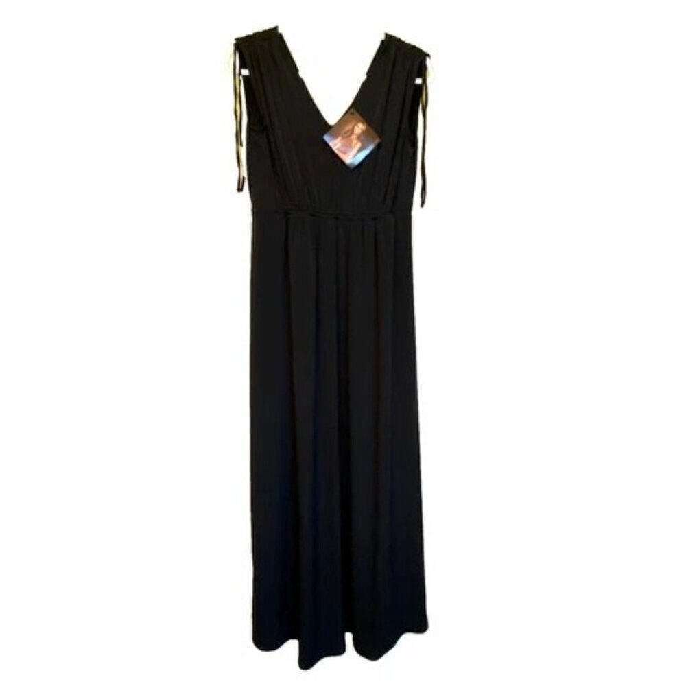 IMAN Global Chic Luxury Maxi Dress Women's Medium Black Draped Detail V-Neck NWT